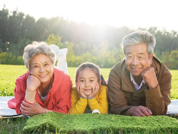 Nonni e nipoti felici scattano una foto di gruppo nel parco — Foto Stock