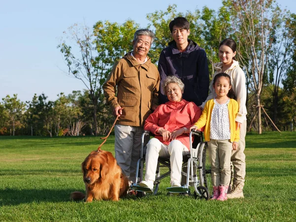 Família feliz de cinco e cão de estimação no parque — Fotografia de Stock