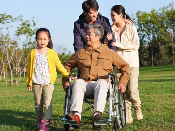 Uma família feliz de quatro caminhando no parque — Fotografia de Stock