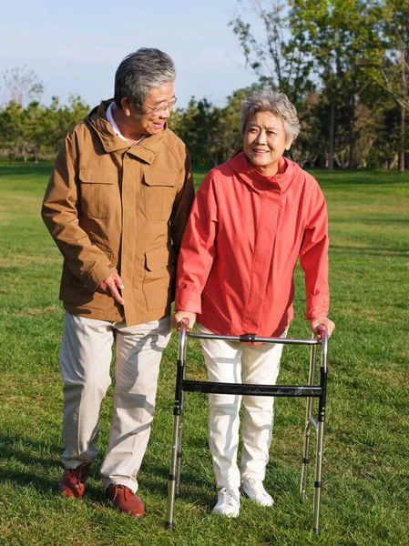 Heureux vieux couple marchant dans le parc — Photo