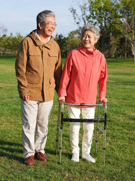 Heureux vieux couple marchant dans le parc — Photo