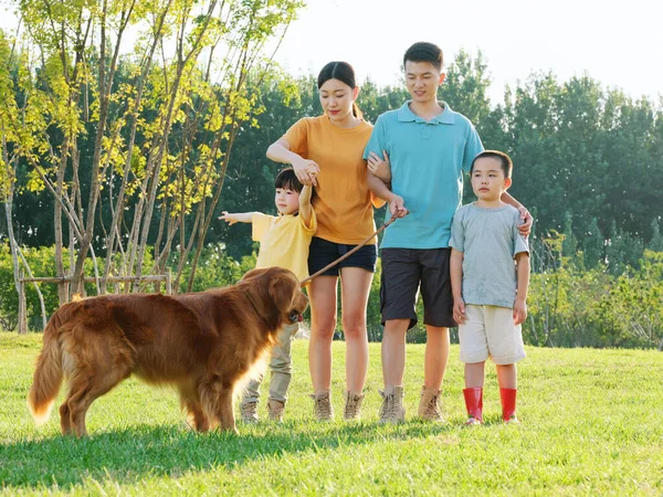 Joyeux famille de quatre et chien de compagnie dans le parc — Photo