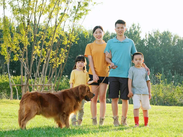 Famiglia felice di quattro e cane da compagnia nel parco — Foto Stock