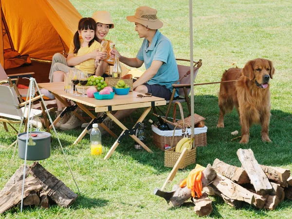 Familia feliz de tres y perro mascota tienen un picnic al aire libre —  Fotos de Stock