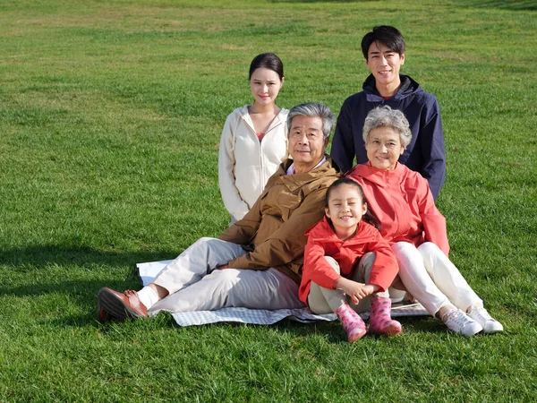 Щаслива сім'я з п'яти в парку — стокове фото