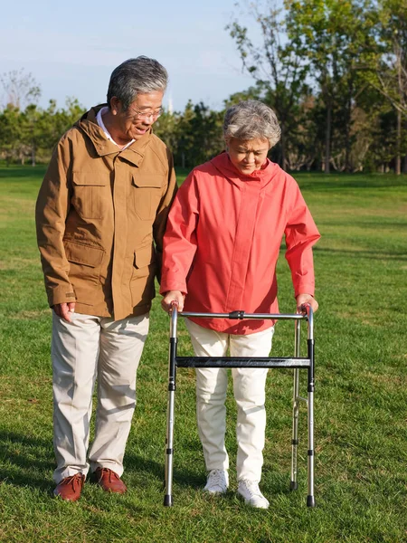 Heureux vieux couple marchant dans le parc — Photo