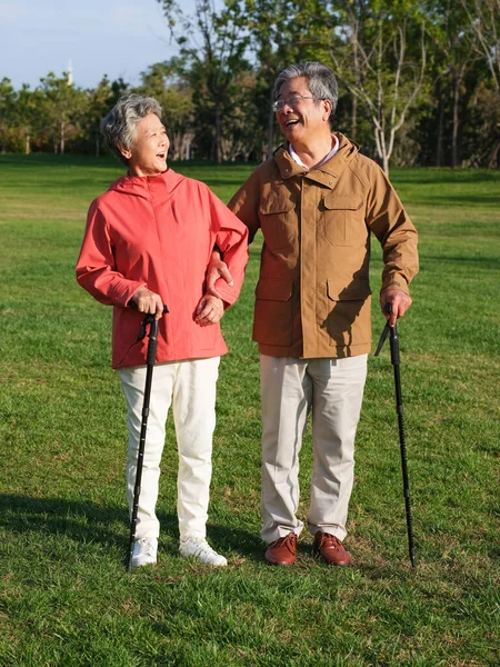 Gelukkig oud koppel wandelen in het park — Stockfoto