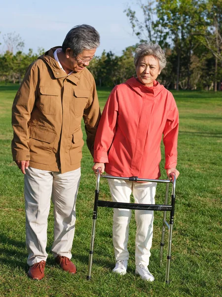 Ευτυχισμένο ζευγάρι ηλικιωμένων που περπατούν στο πάρκο — Φωτογραφία Αρχείου
