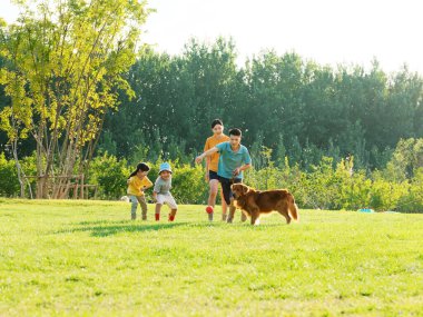 Dört kişilik mutlu bir aile ve parkta oynayan evcil bir köpek