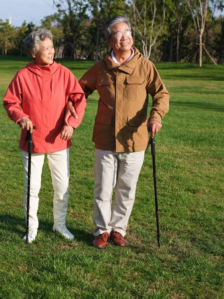 Heureux vieux couple marchant dans le parc — Photo