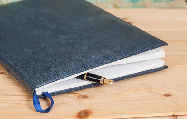 Selective focus of the  pen on opened lined diary book , — Stock Photo, Image