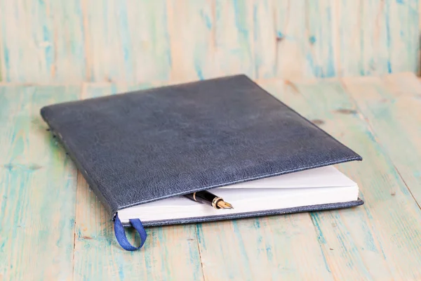 Selectieve aandacht van de pen op geopende bekleed dagboek boek , — Stockfoto