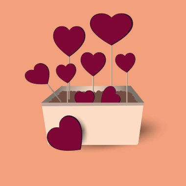 Ahşap kutuda büyüyen kırmızı kalpler. .