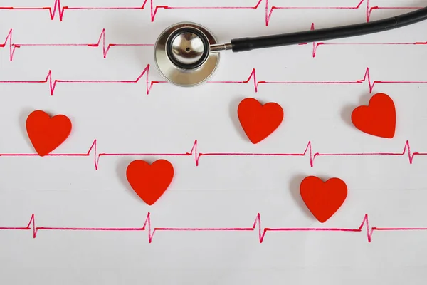 Stethoskop Mit Rotem Herzball Auf Papier Herzzeichen Welle — Stockfoto