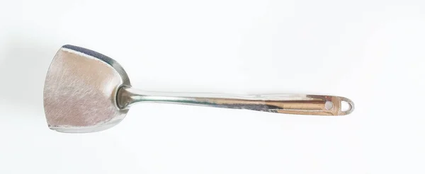 Espátula Metal Prata Cozinhando Isolado Fundo Branco Flipper Usado Fritar — Fotografia de Stock
