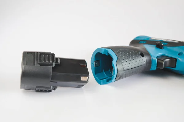 Une Perceuse Sans Fil Bleue Avec Batterie Pour Outil Appareil — Photo