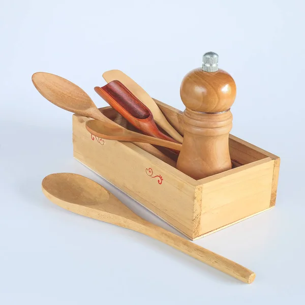 Set Wood Foodware Box Background — Stok fotoğraf