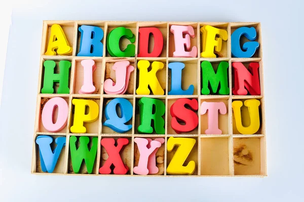 Alphabet Letters Different Colors Decoration Kids Wood Box — Zdjęcie stockowe