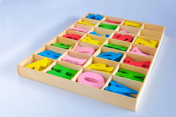 Alphabet Letters Different Colors Decoration Kids Wood Box — Zdjęcie stockowe