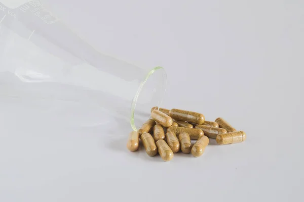 Medical Concept Science Bottle Scattered Herb Capsule Pills — Stock Photo, Image