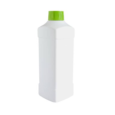 Arka planda yeşil plastik kapaklı beyaz şişe.