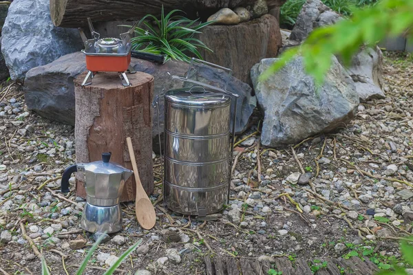 Nombre Pinto Olla Camping Para Cocinar Con Moka Cafetera Día — Foto de Stock