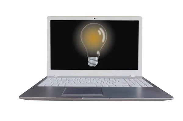 Laptopcomputer Met Gloeilamp Zwart Scherm Witte Achtergrond — Stockfoto