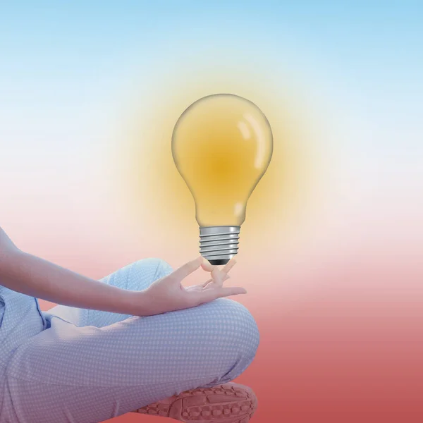 Yogi Svart Kvinna Praktiserar Yoga Lektion Och Glödlampa Handen — Stockfoto