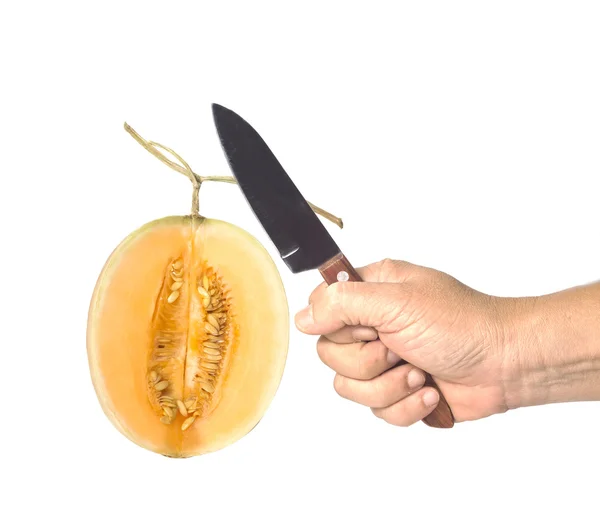 Couteau à la main couper un melon — Photo