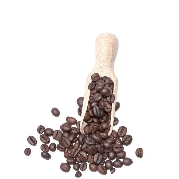 Coffee beans in wood spoon — Stock Photo, Image