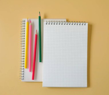 Kitap notundaki renkli kalemler çalışmaya hazır..