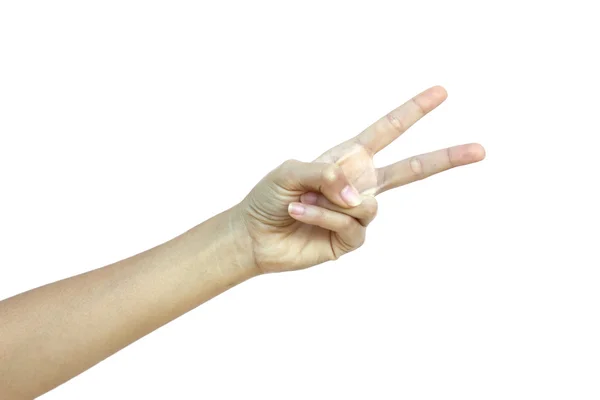 Hand med två fingrar upp i seger symbol. — Stockfoto