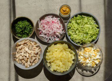 ingredients for okroshka, traditional Russian summer soup