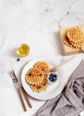 Hafif arkaplanda yaban mersinli ve ballı waffle. Yüksek kalite fotoğraf