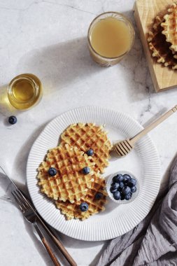 Hafif arkaplanda yaban mersinli ve ballı waffle. Yüksek kalite fotoğraf