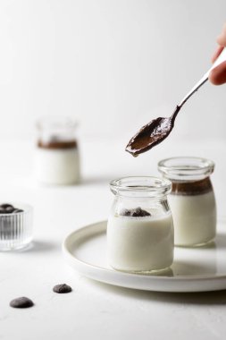 Kavanozda çikolatalı panna cotta. Yüksek kalite fotoğraf