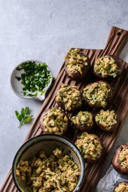 Gri arka planda doldurulmuş mantarlar. Yüksek kalite fotoğraf