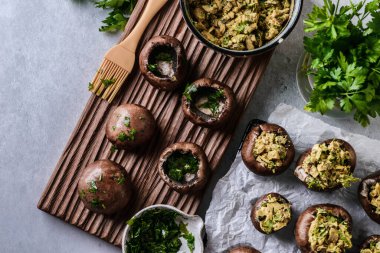 Gri arka planda doldurulmuş mantarlar. Yüksek kalite fotoğraf