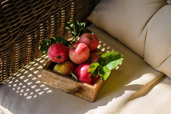 Rustikale Äpfel aus dem Garten mit Blättern — Stockfoto
