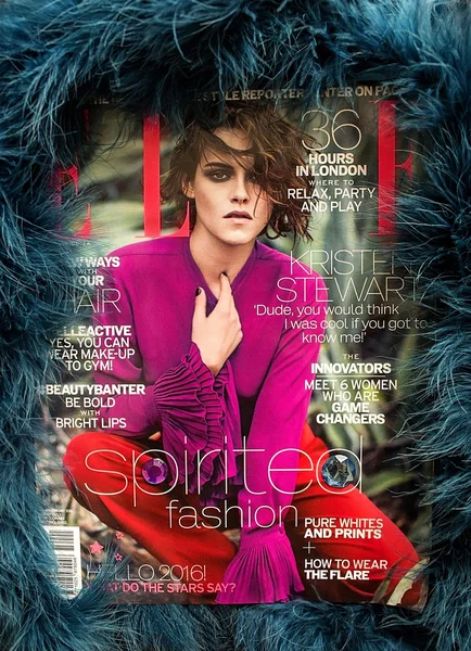 Fashion magazine ELLE, January February South African edition with ostrich feathers decoration and precious stones. — Stock Photo, Image