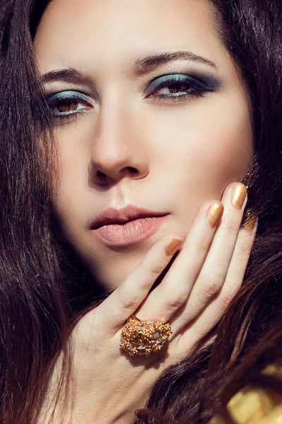 Close up model fashion portrait. Color smoky eyes turquoise. — Stock Photo, Image