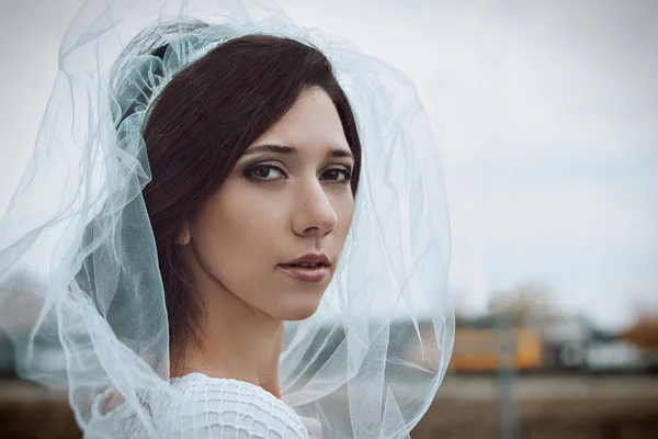 Close-up portrait of bride beautiful young woman in white veil and dress. Wedding photo. Romantic style. Happiness. Wedding fashion make-up  light smoky eyes pearly beige and brown shades. — Stock Photo, Image