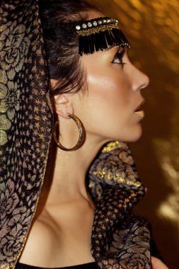 Şal hijab etnik aksesuarları küpe ve kolye ile esmer genç güzel Arap kadın. Altın arka plan üzerinde kız profil. Çekim modeli. Altın moda makyaj. Lüks. Zerafet. Duygusallık. Oryantal tarzda.