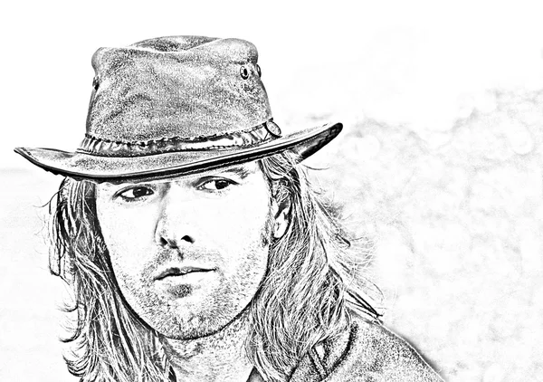 Yakın çekim kovboy şapkalı uzun saçlı adam portresi. Safari stili. Romantizm. Siyah beyaz görüntü. Moda illüstrasyon. — Stok fotoğraf
