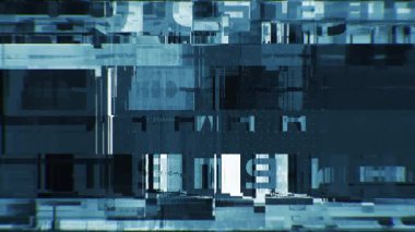 Kalın arayüz parçaları, güçlü dijital gürültü ve arkaplan kullanımı, örtüşmeler ve teknolojik kurgu için temiz bir yapı içeren döngüsel bilim kurgu HUD arızası.