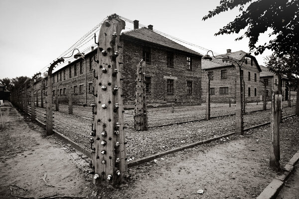 classic historical view of Auschwitz death camp in sepia