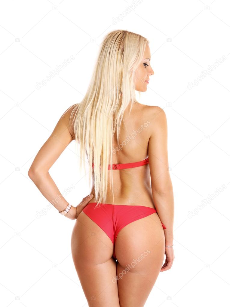 beautiful blond woman in red bikini and perfect tan