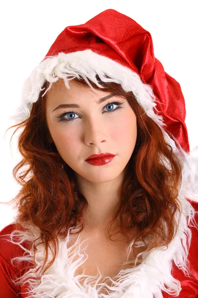 beautiful red head girl in christmas costume isolated on white