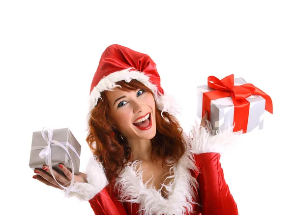 Beautiful red head girl in christmas costume isolated on white Royalty Free Stock Photos