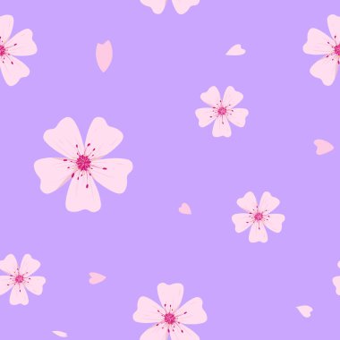 Sakura çiçeğinin pürüzsüz desenli arka planı, taç yapraklı sakura çiçeğinin vektör illüstrasyonu, Japonya tarzı pürüzsüz desenli arka plan. Bahar ve doğa konsepti.